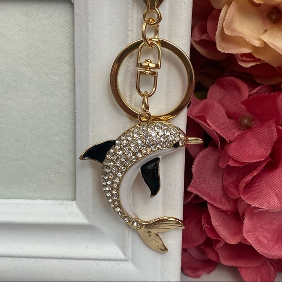 Black White & Gold Crystal Dolphin Charm Keychain - Picture 8 of 16